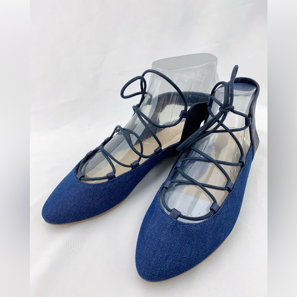 New Nine West blue jean with blue leather tie flats